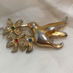 Vintage hummingbird & Floral flower brooch